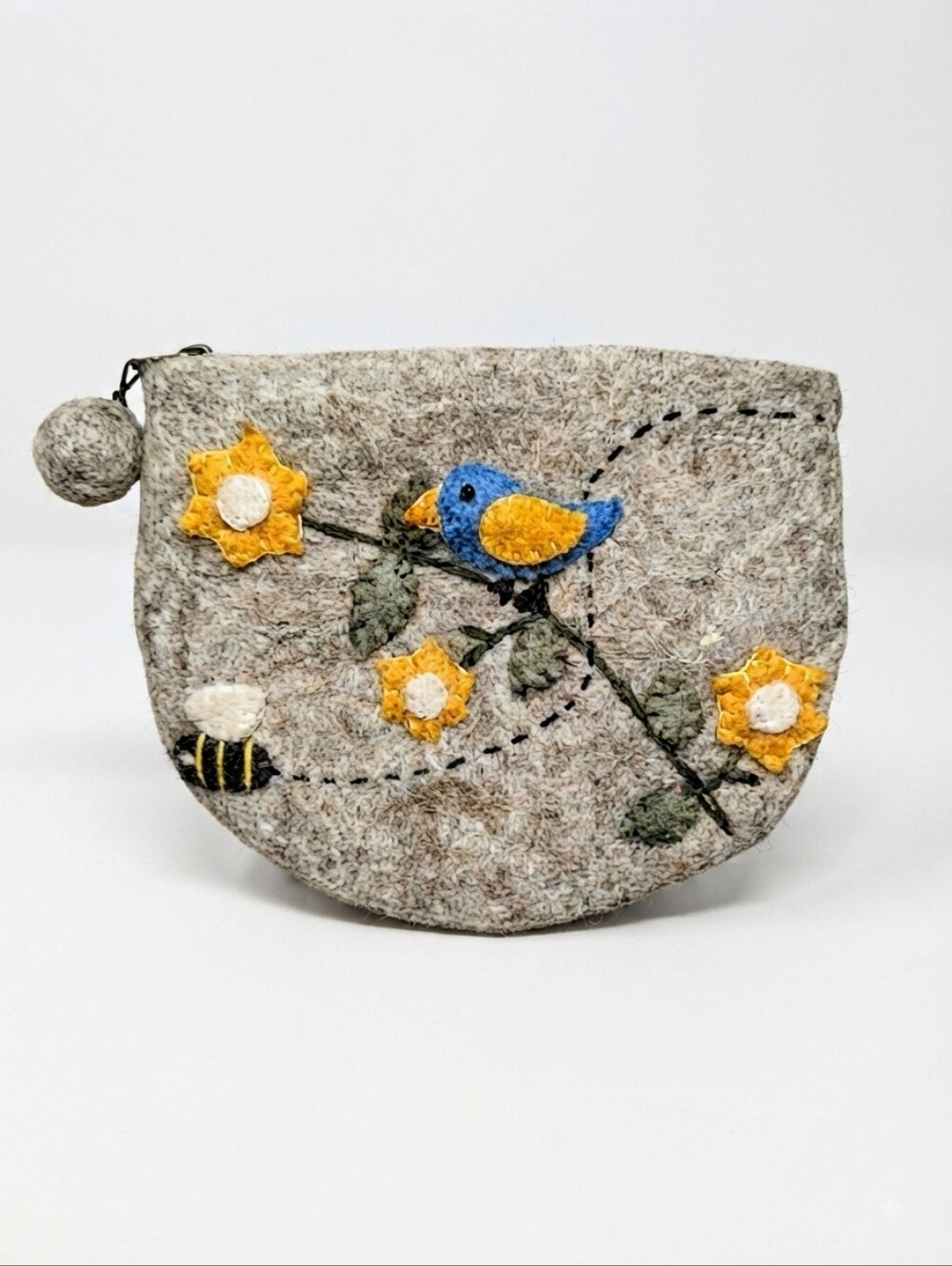 Felt Wool Pouch - Bluebird & Bee Cosmetic Bag (8"x6")